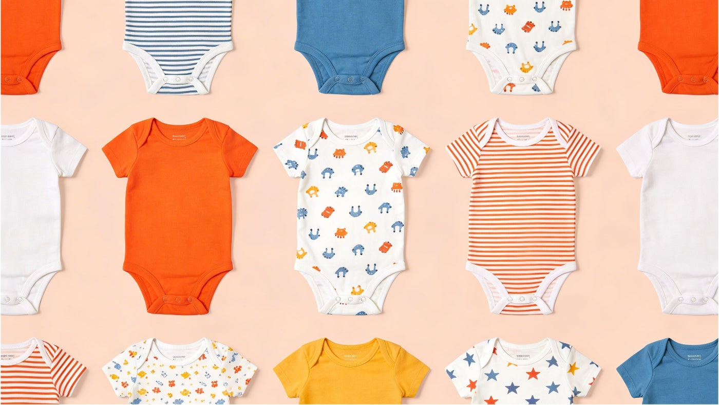 Baby onesies and bodysuits displayed in a colorful organized layout for everyday wear