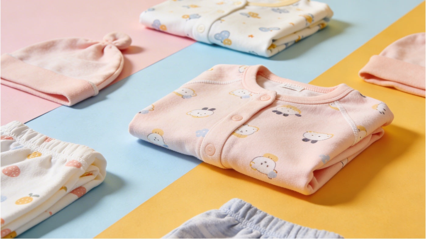 Baby tops and shirts neatly folded in a bright colorful display for everyday outfits