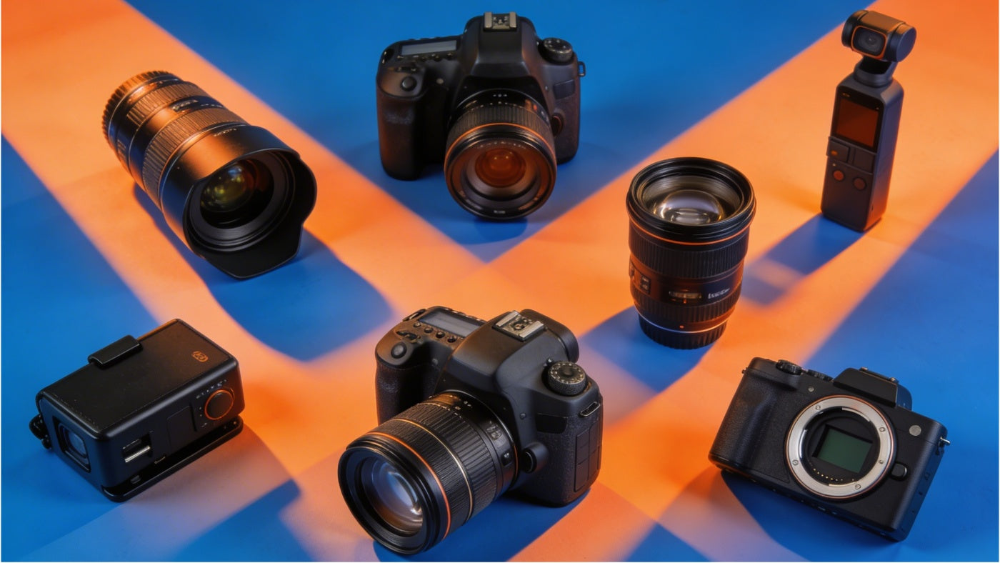 Cameras and camera accessories displayed in a clean professional arrangement