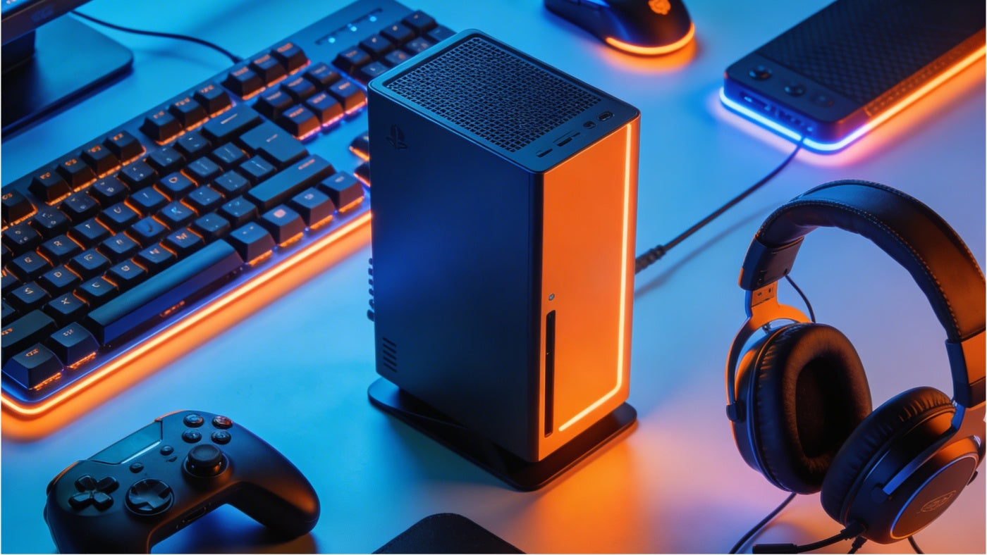 Computers and gaming accessories including keyboard mouse and controller in a modern setup