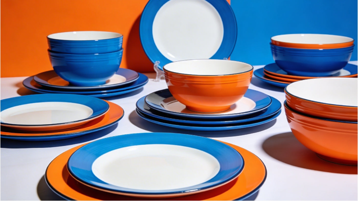 Dinnerware including plates and bowls displayed in a clean modern table setting