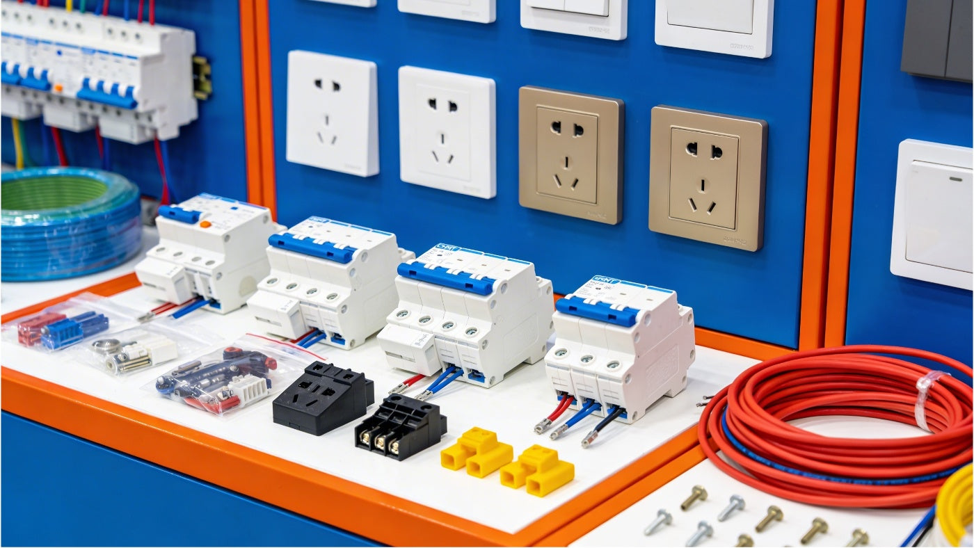 Electrical supplies including outlets switches and wiring in a clean organized display at discount prices