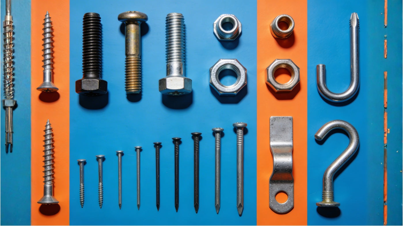 Hardware and fasteners including screws bolts and anchors arranged in a clean organized grid