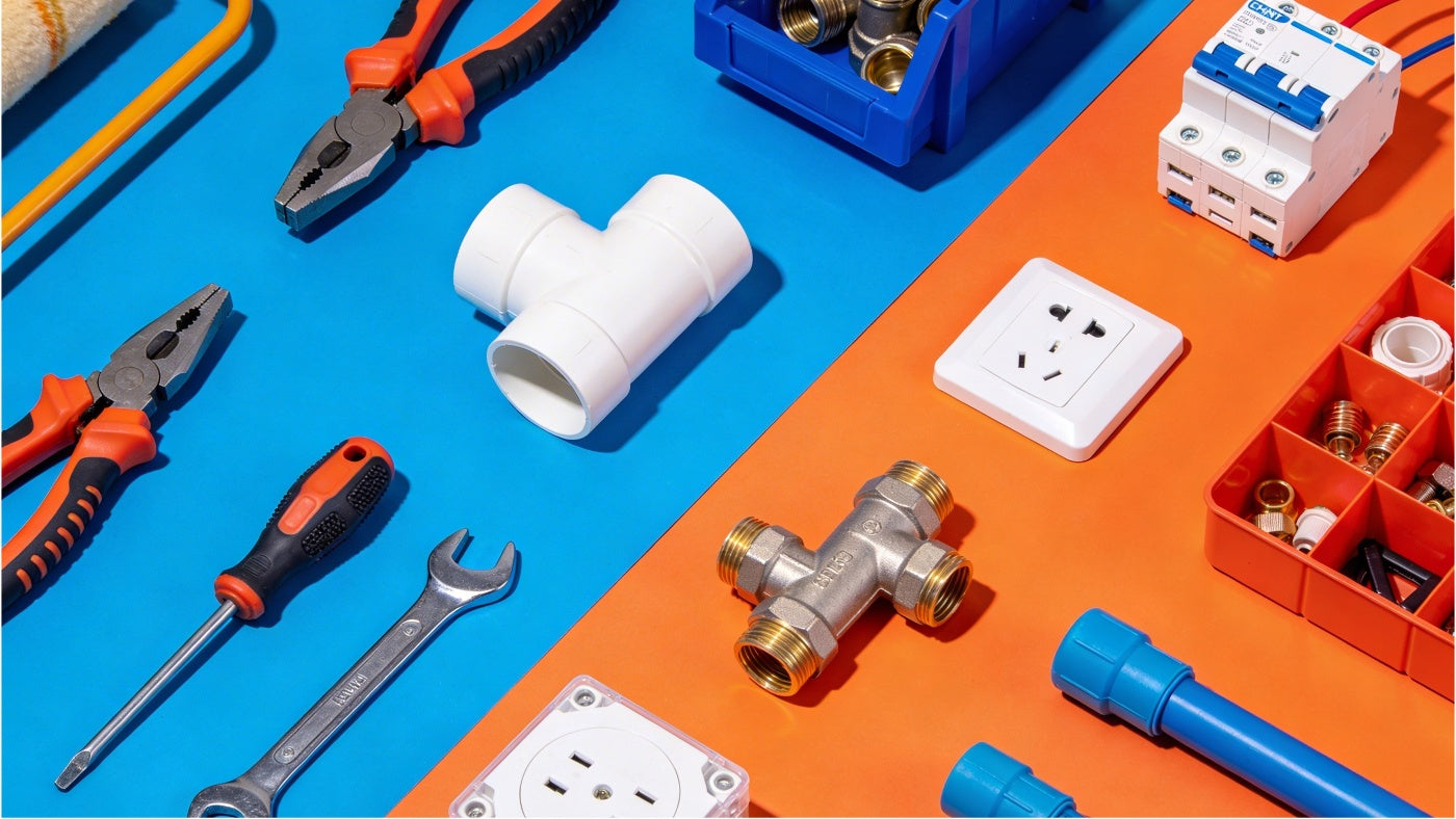 Home improvement products including tools plumbing and electrical supplies in a clean organized display