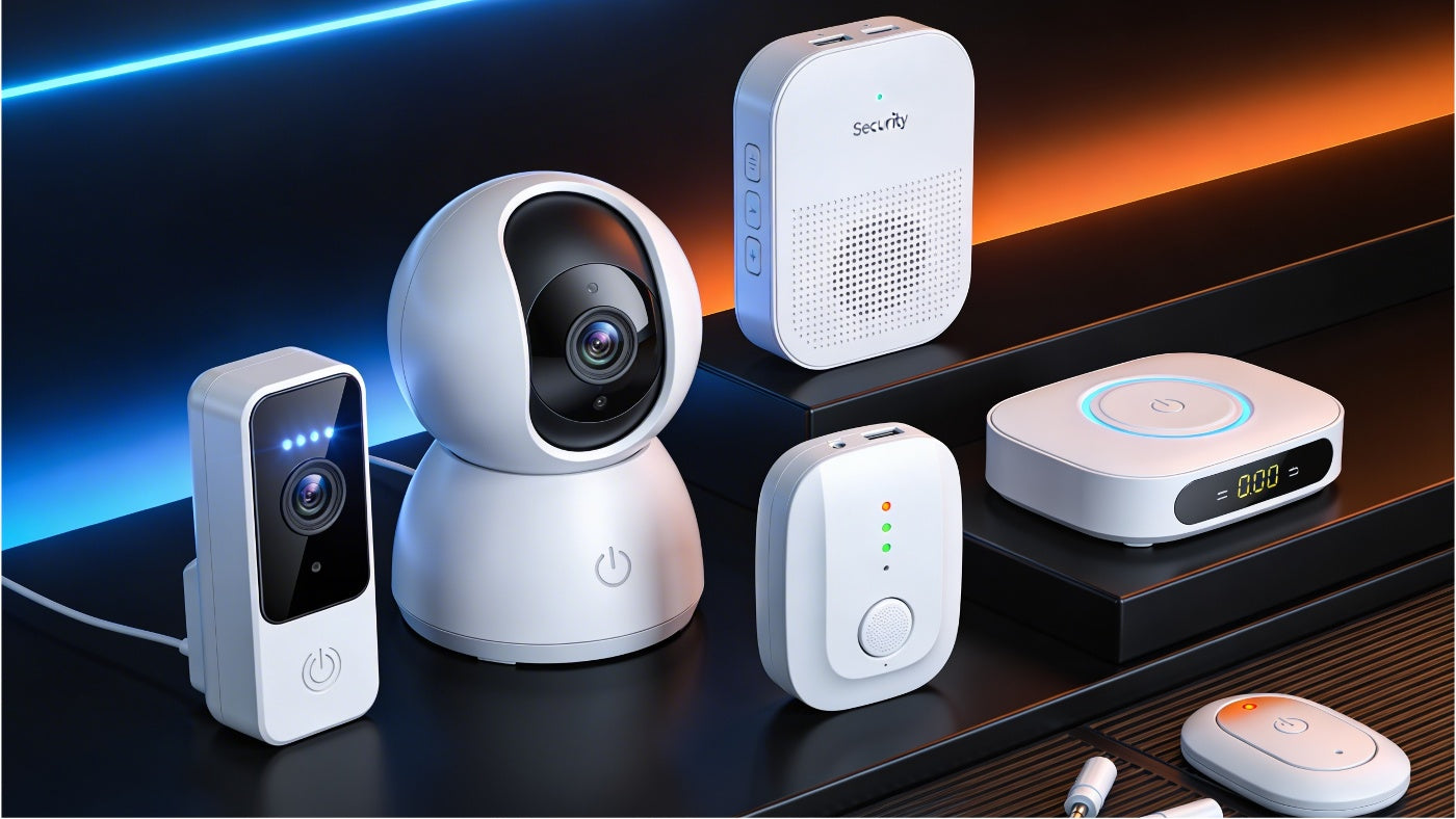 Home security devices including cameras and sensors displayed in a clean modern setup