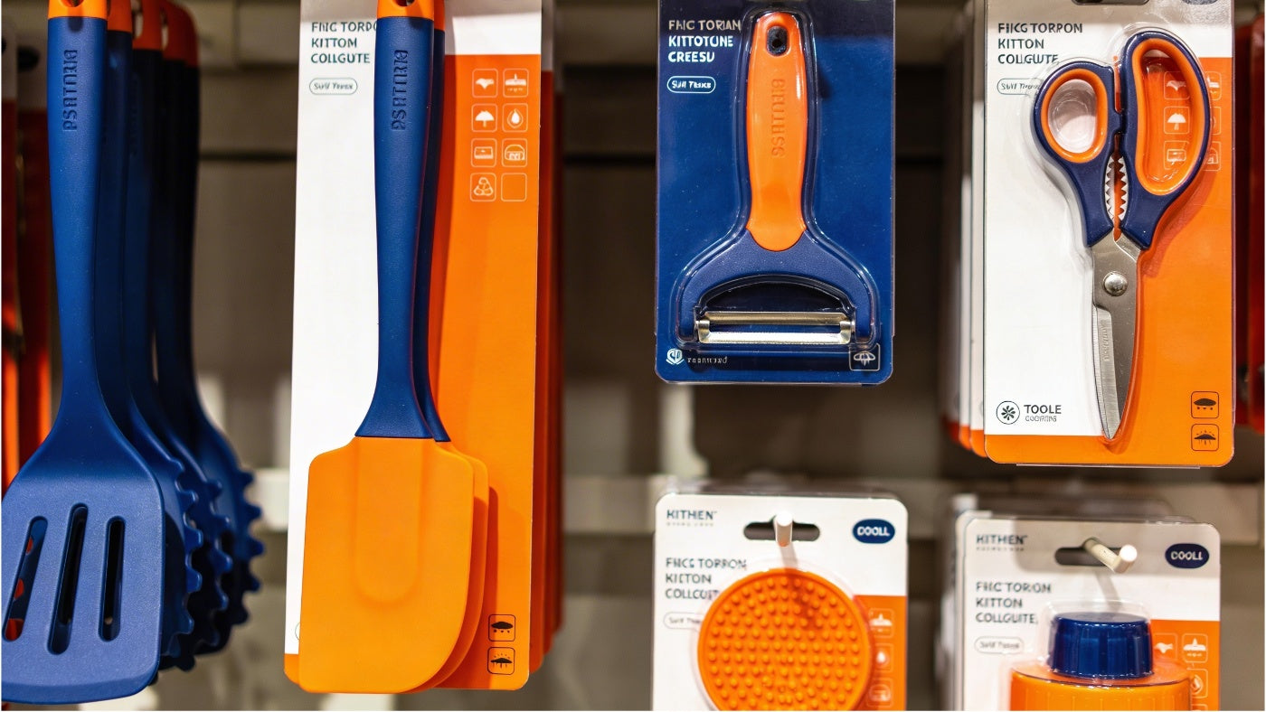 Kitchen utensils and gadgets including tools and accessories displayed in a clean organized layout