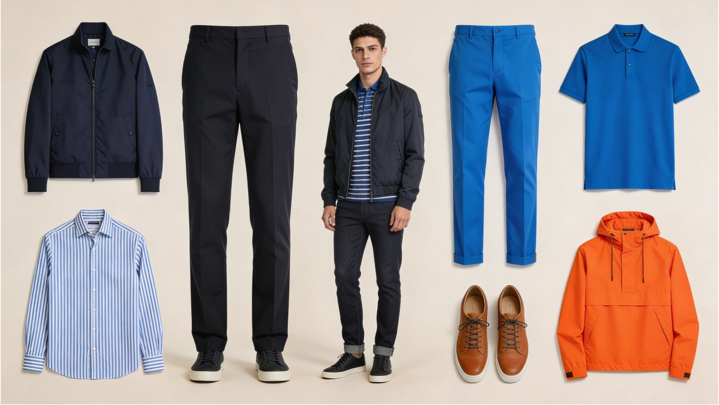 Men's apparel including clothing and outfits displayed in a clean modern layout