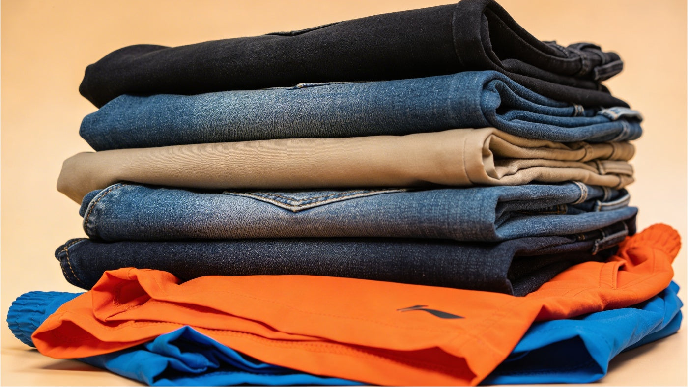 Men's bottoms including pants jeans and shorts displayed in a clean organized layout