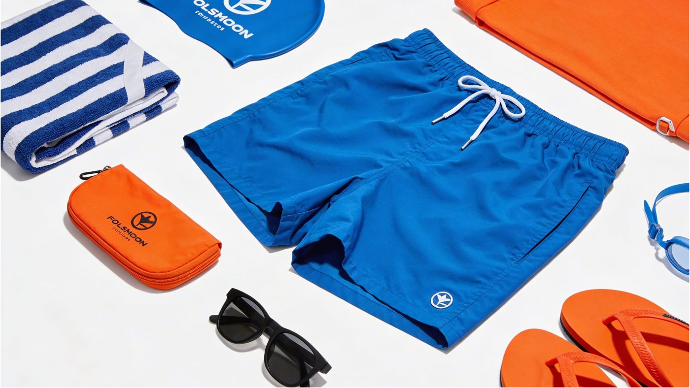 Men's swimwear including swim trunks displayed in a clean colorful arrangement
