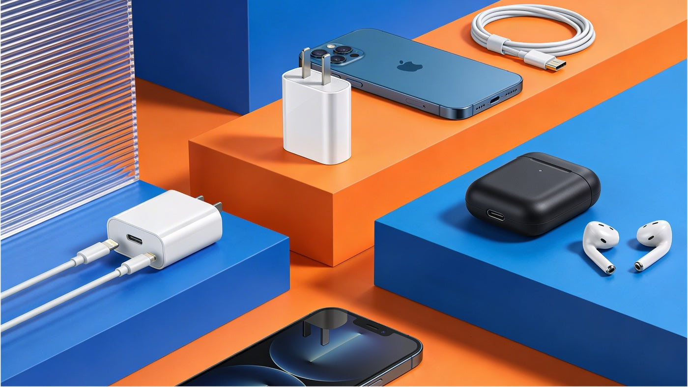 Mobile accessories including chargers cables and cases arranged in a clean display