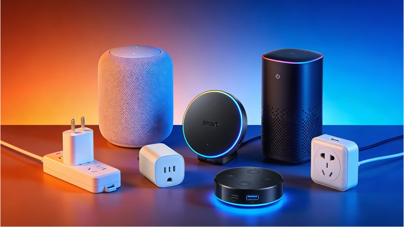 Smart home devices including speakers and smart plugs displayed in a clean modern layout