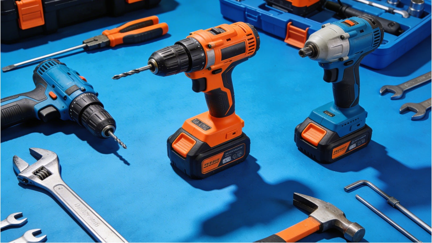 Tools including drills and hand tools displayed in a clean organized layout for home and workshop use
