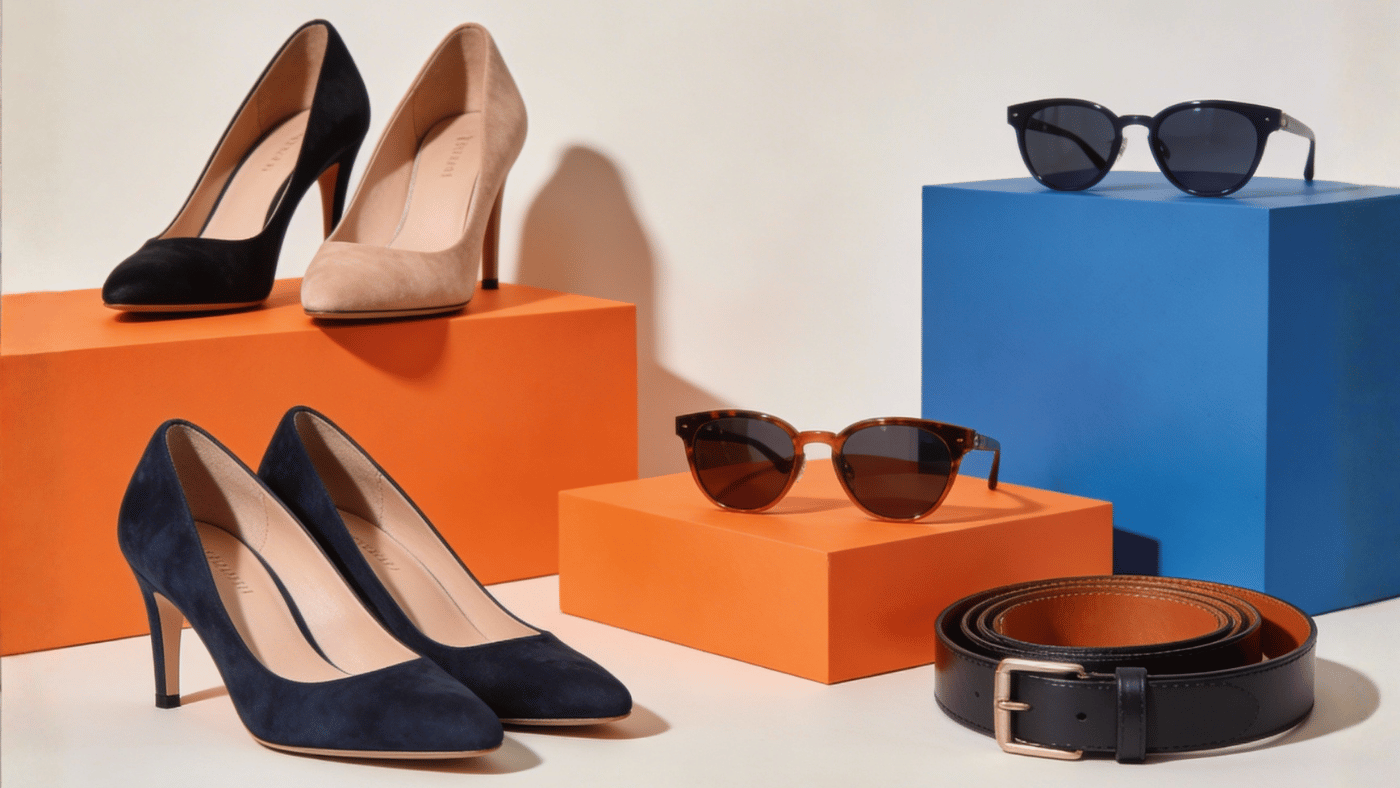 Women’s accessories including shoes, sunglasses, and belts arranged in a clean, modern retail display