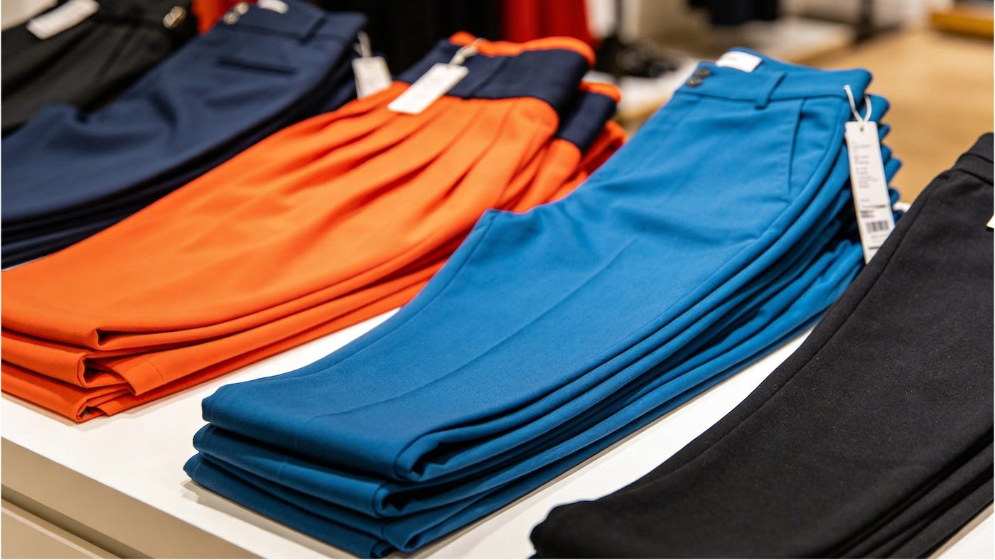 Women's bottoms including pants and skirts displayed in a clean organized layout