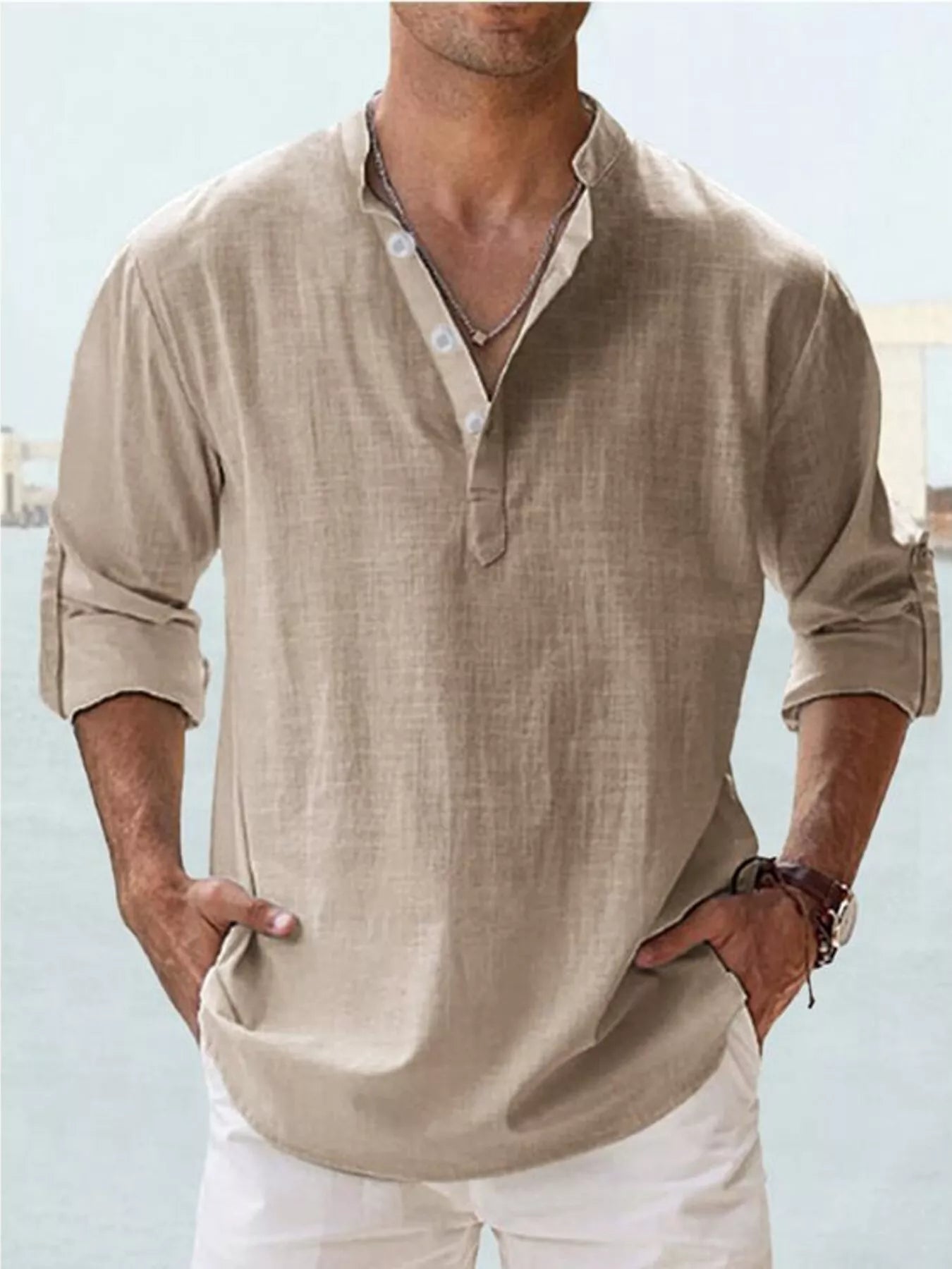 Men's Full Size Casual Button Detail Roll-Up Sleeve Blouse Plus Size | Tampa Bay Discounts