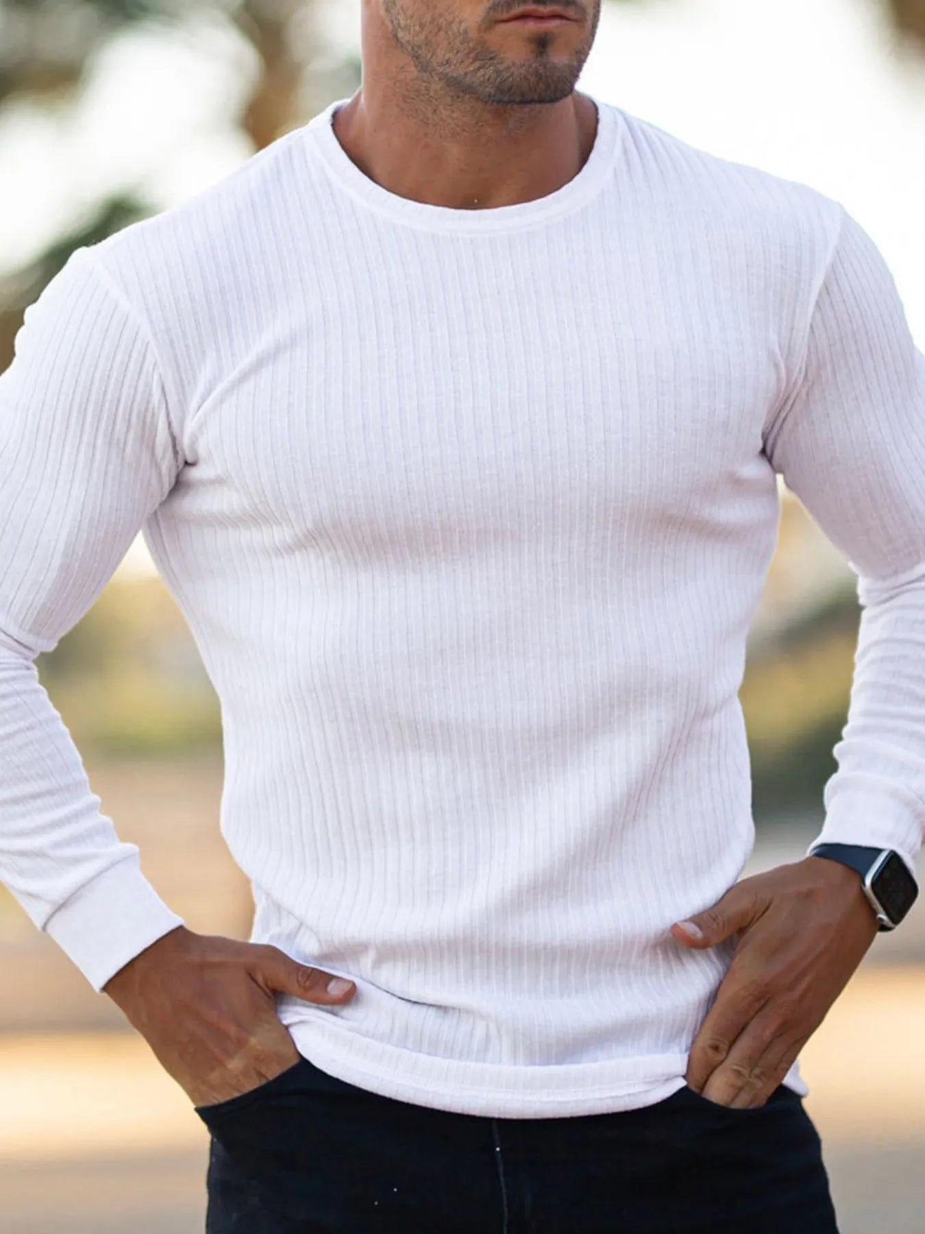 Men's Ribbed Round Neck Long Sleeve T-Shirt | Tampa Bay Discounts