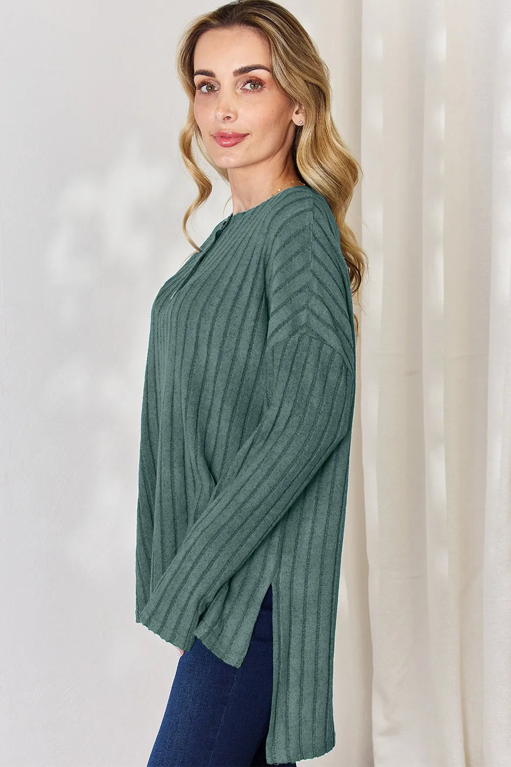 basic-bae-full-size-ribbed-half-button-long-sleeve-high-low-t-shirt image 10