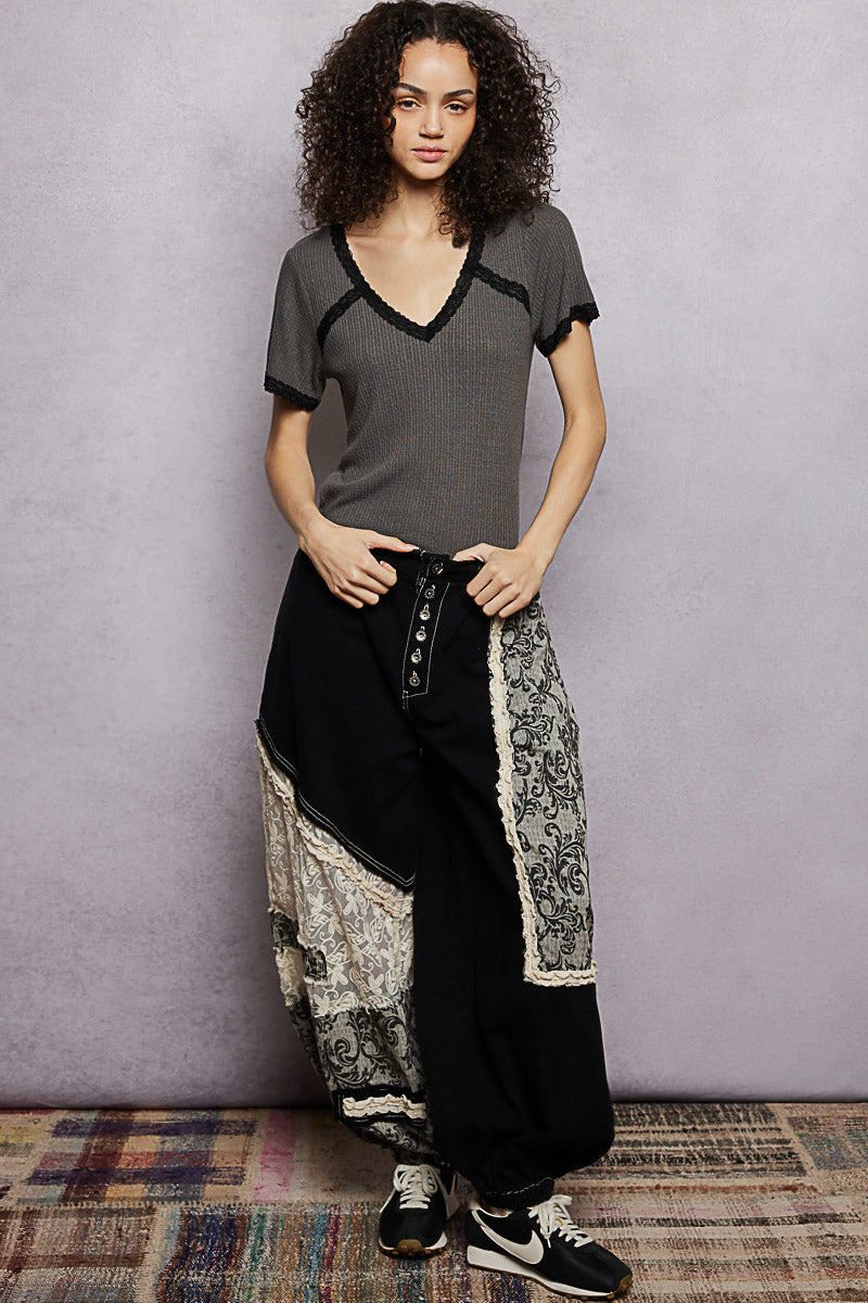 pol-lace-detail-v-neck-short-sleeve-textured-t-shirt-2 image 5