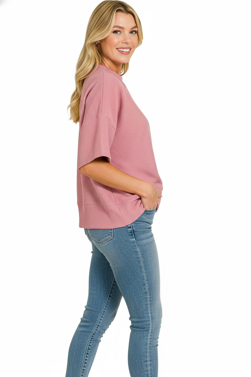 zenana-ribbed-round-neck-waist-banded-t-shirt image 2