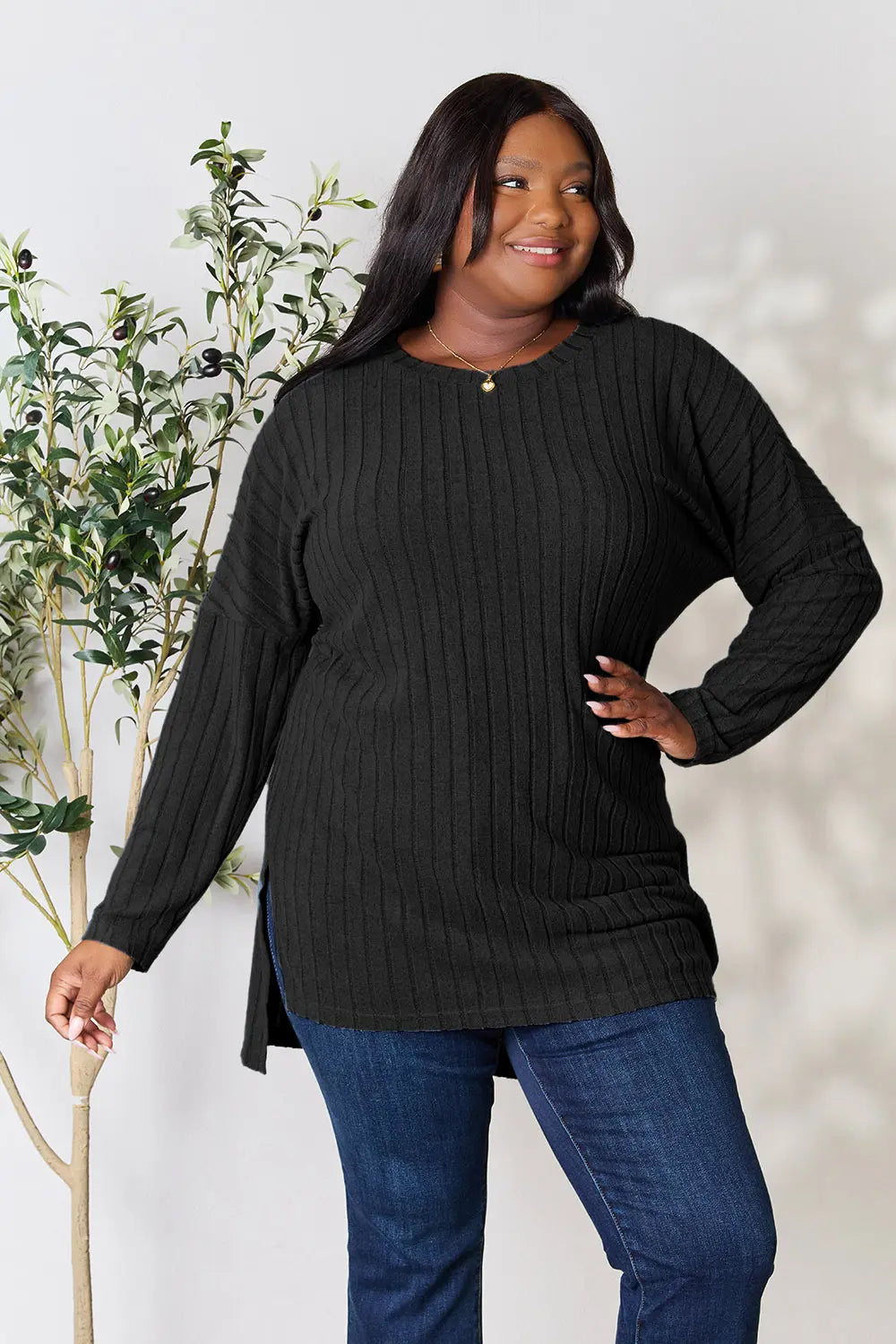 basic-bae-full-size-ribbed-round-neck-long-sleeve-slit-top image 23