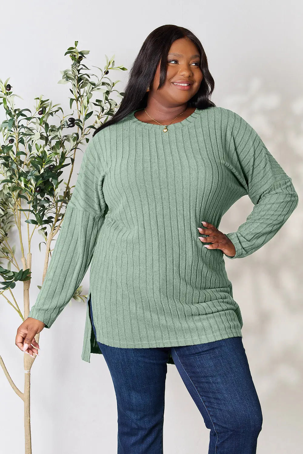basic-bae-full-size-ribbed-round-neck-long-sleeve-slit-top image 29
