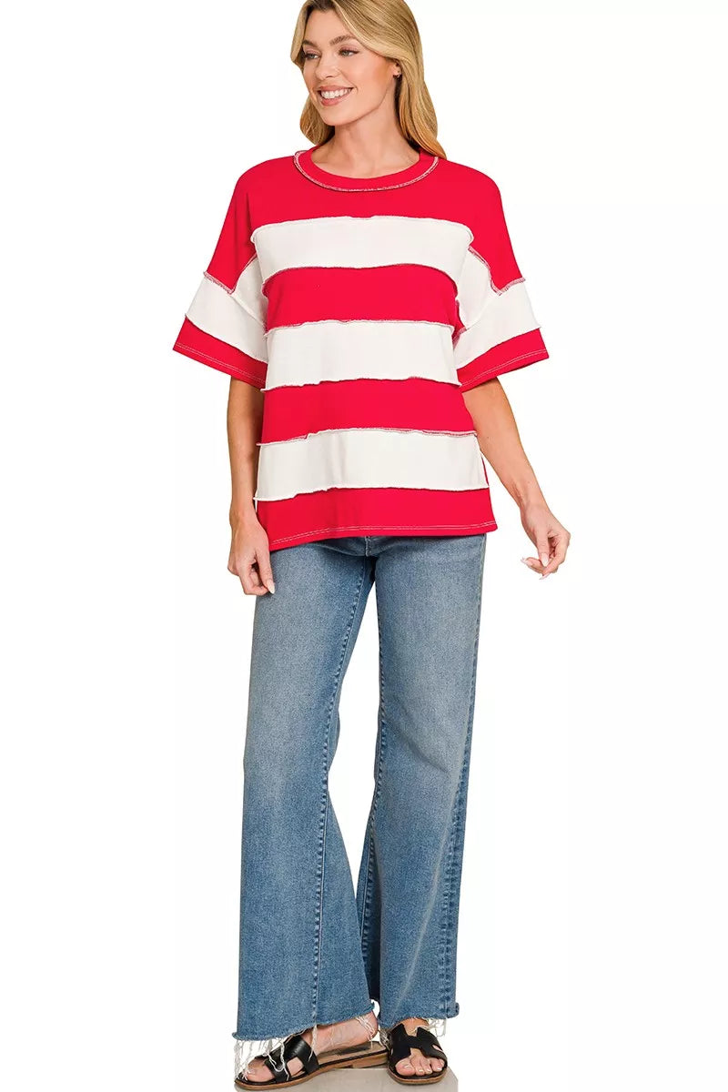 zenana-french-terry-striped-exposed-seam-top image 2