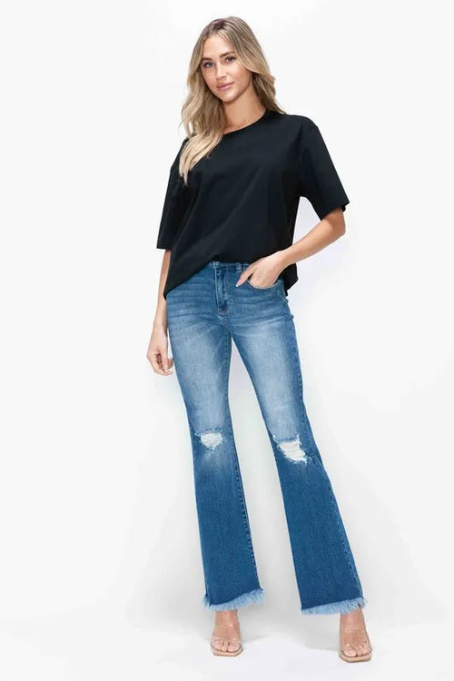bytos-full-size-raw-hem-distressed-high-rise-bootcut-jeans Image 1