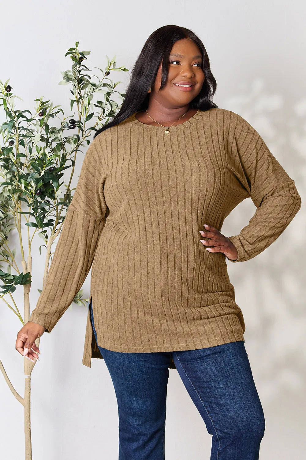 basic-bae-full-size-ribbed-round-neck-long-sleeve-slit-top image 4