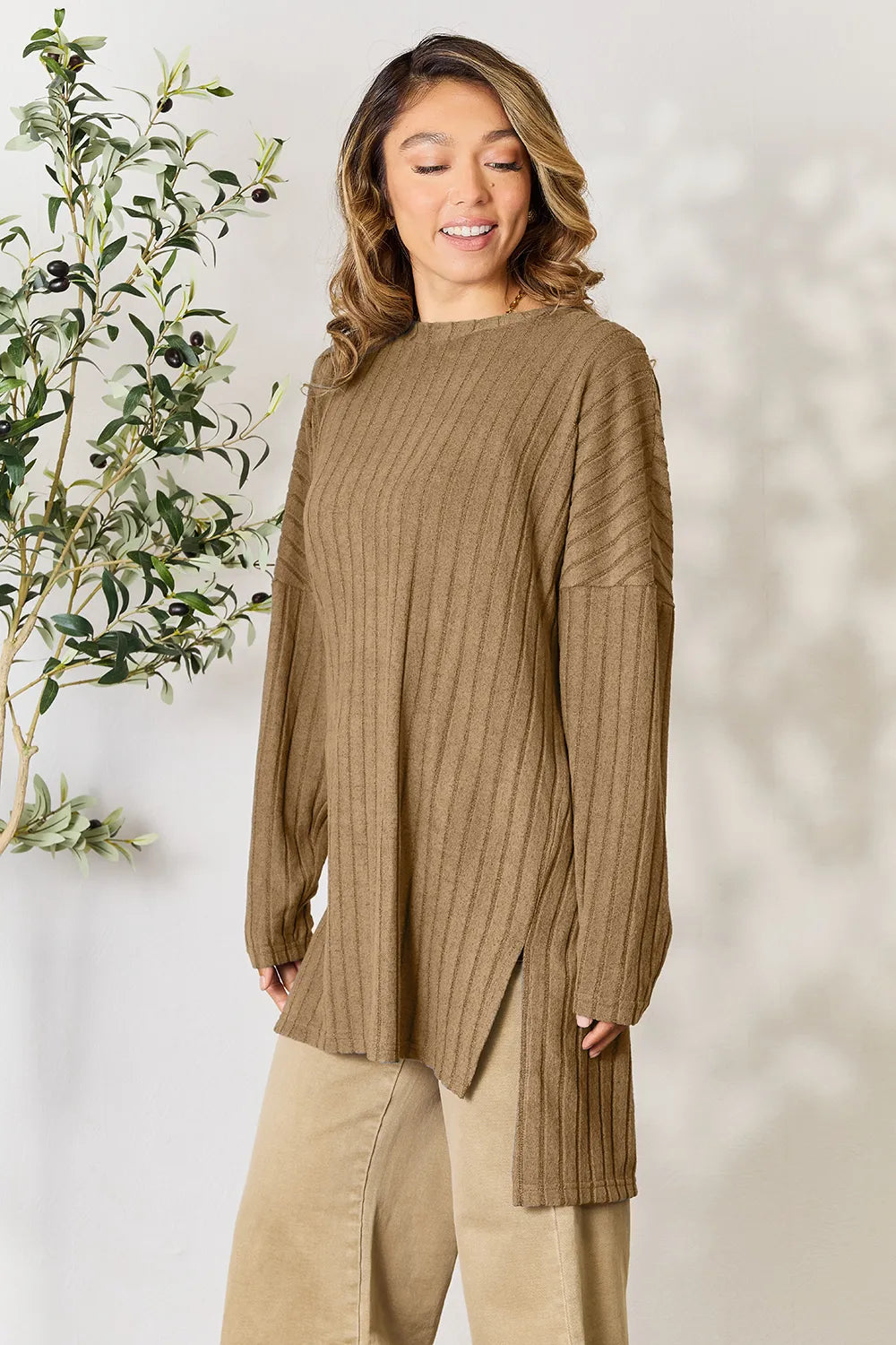 basic-bae-full-size-ribbed-round-neck-long-sleeve-slit-top image 3