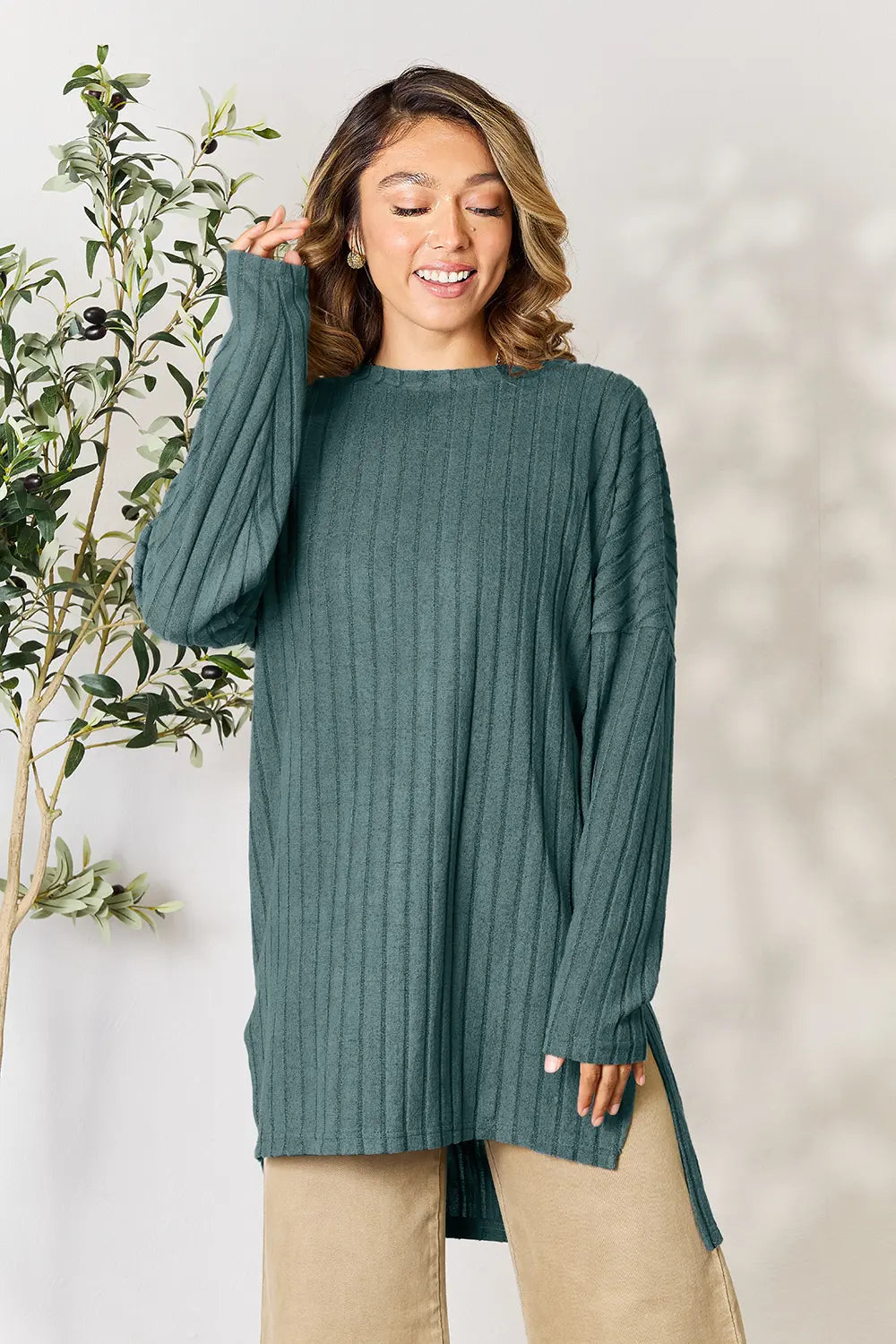 basic-bae-full-size-ribbed-round-neck-long-sleeve-slit-top image 19