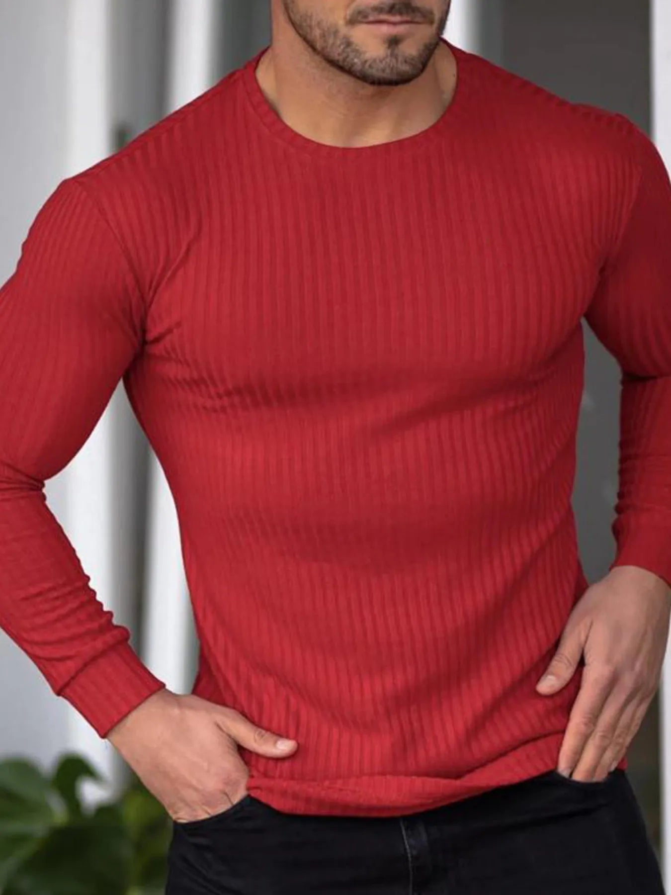 Men's Ribbed Round Neck Long Sleeve T-Shirt | Tampa Bay Discounts