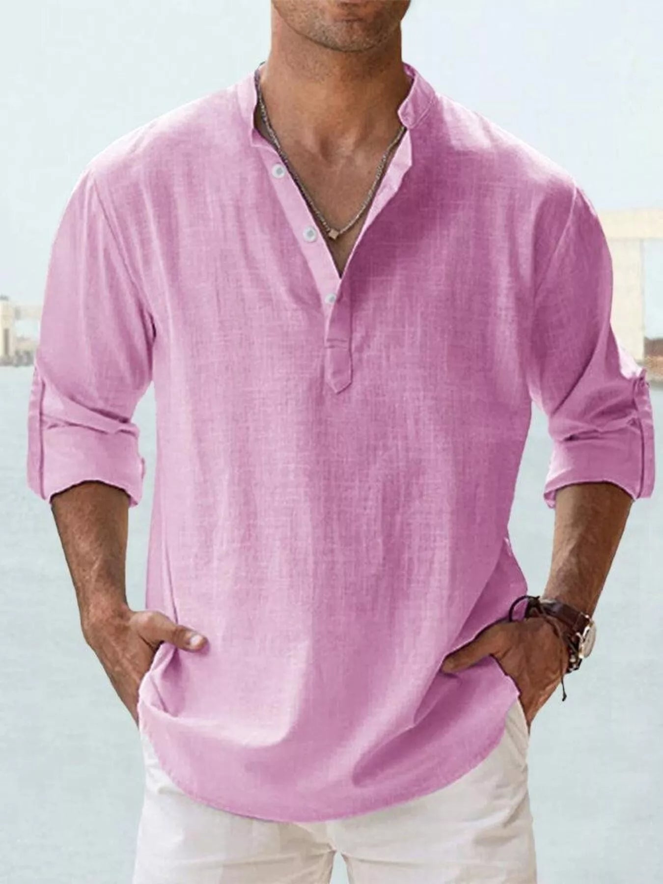 Men's Full Size Casual Button Detail Roll-Up Sleeve Blouse Plus Size | Tampa Bay Discounts