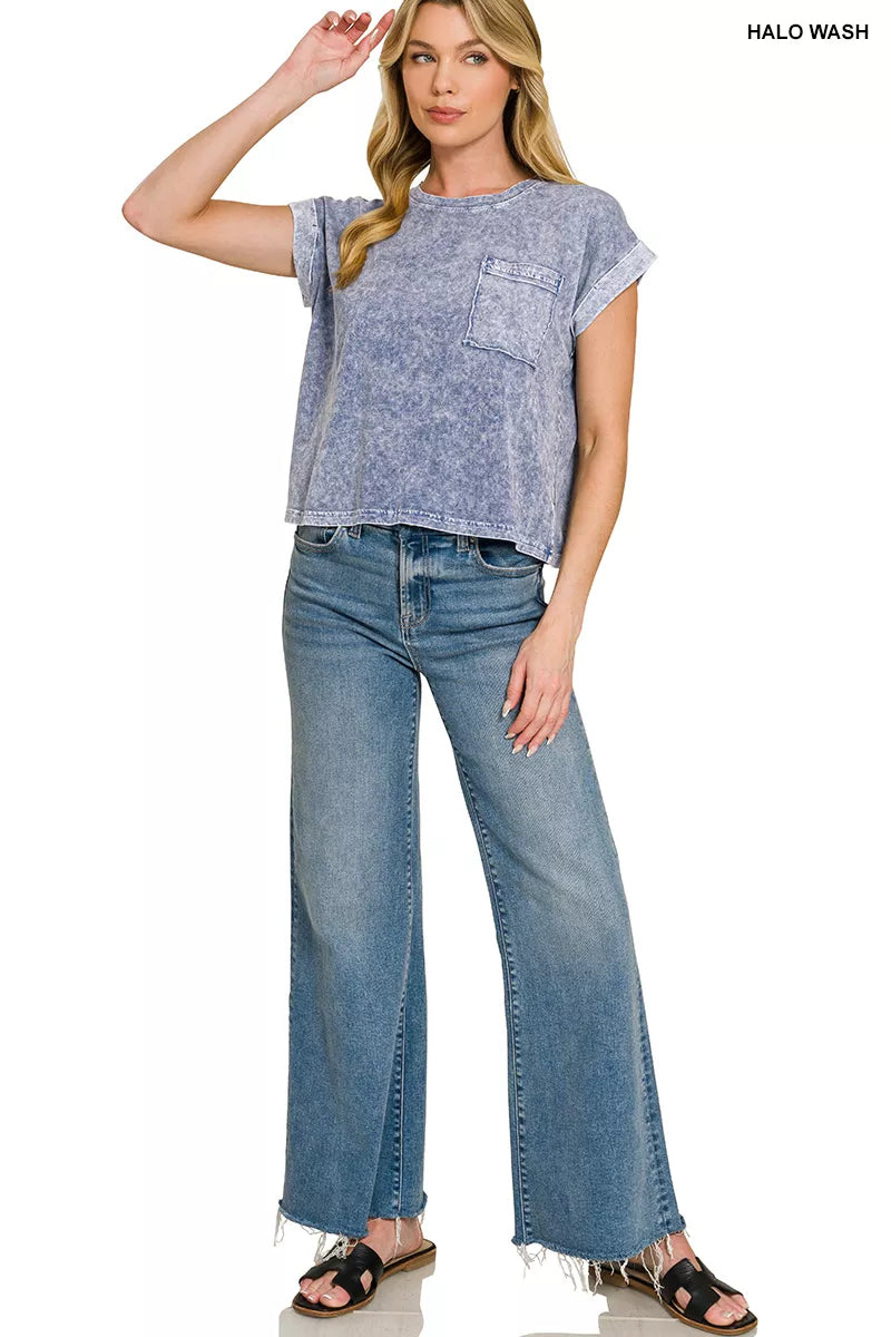 zenana-halo-snow-washed-cotton-cuffed-short-sleeve-top-1 image 2