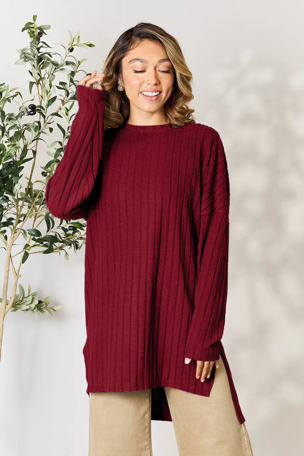 basic-bae-full-size-ribbed-round-neck-long-sleeve-slit-top image 11