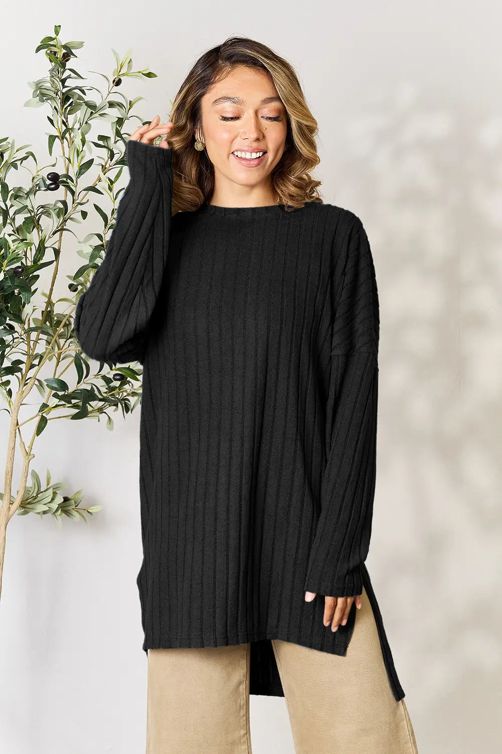 basic-bae-full-size-ribbed-round-neck-long-sleeve-slit-top image 26