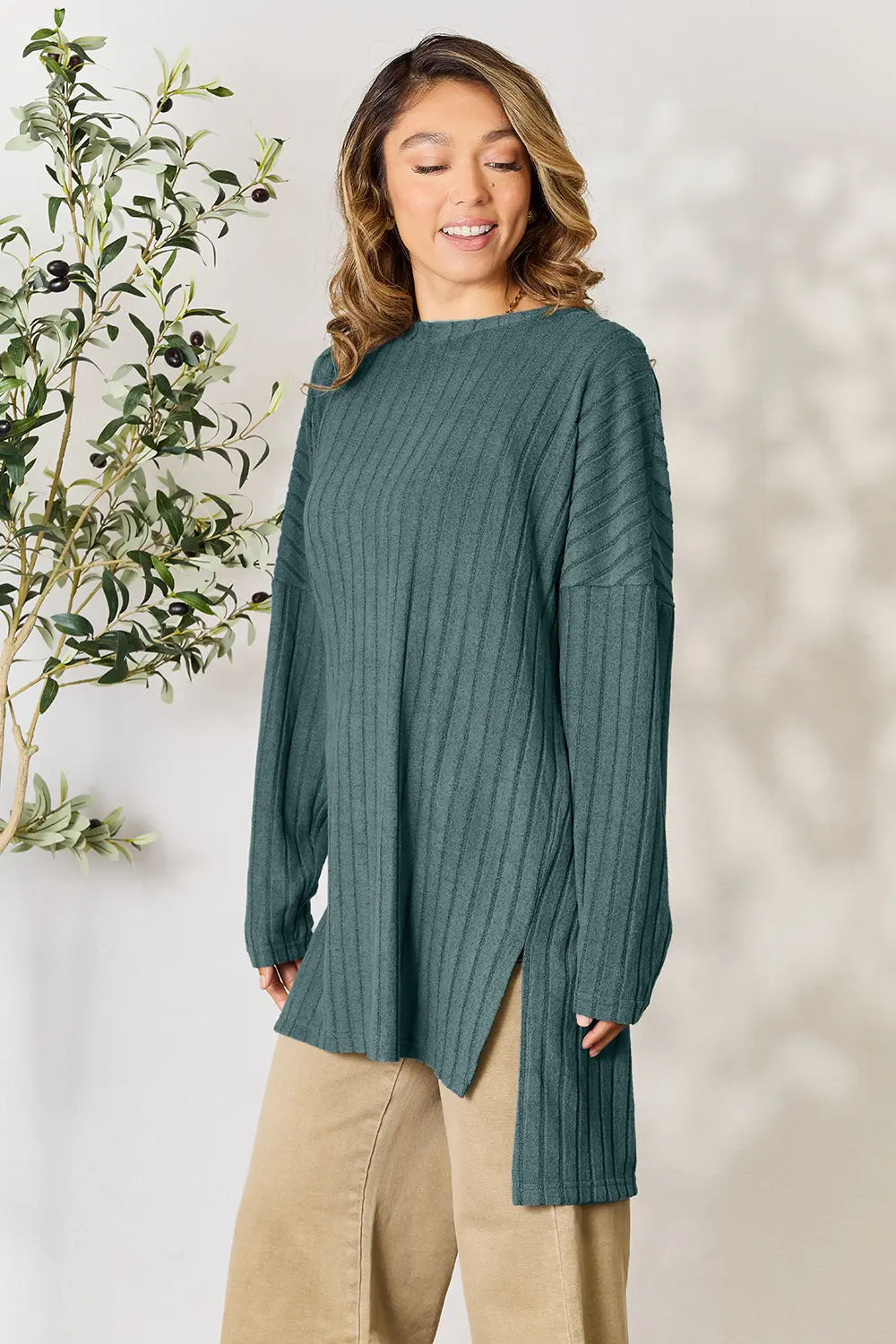 basic-bae-full-size-ribbed-round-neck-long-sleeve-slit-top image 20
