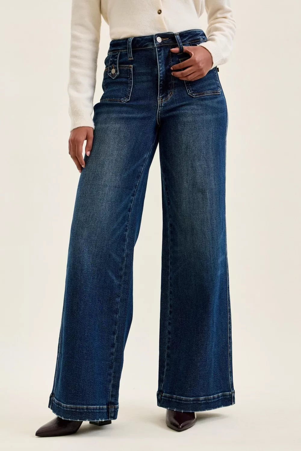 judy-blue-high-waist-lux-retro-wide-jeans-with-front-patch-tab-closure-dk-fade-indigo Image 1