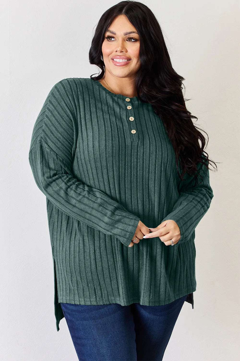 basic-bae-full-size-ribbed-half-button-long-sleeve-high-low-t-shirt image 12