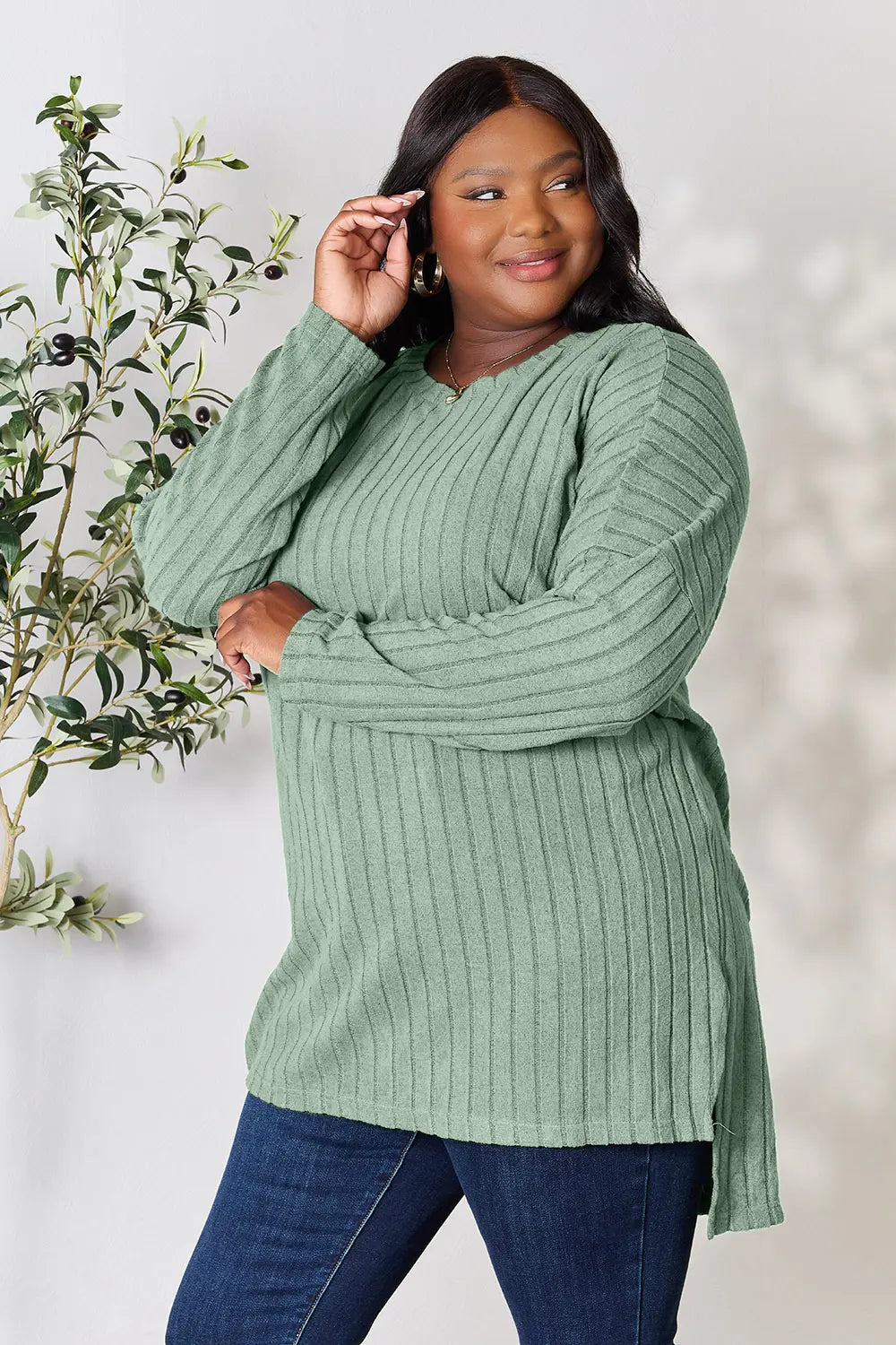 basic-bae-full-size-ribbed-round-neck-long-sleeve-slit-top image 30