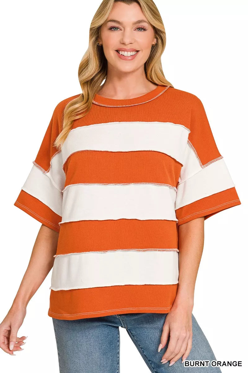 zenana-french-terry-striped-exposed-seam-top-1 image 1