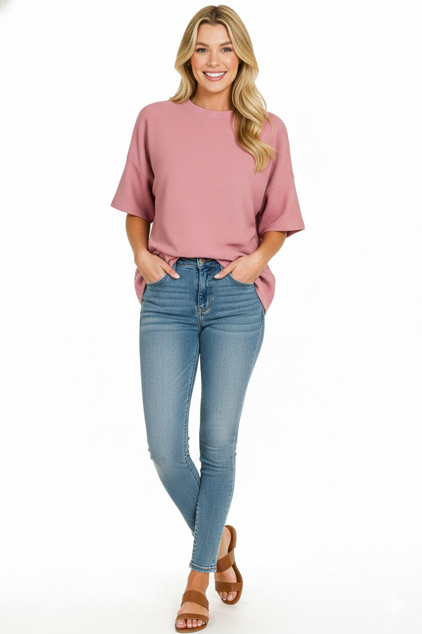 zenana-ribbed-round-neck-waist-banded-t-shirt image 3