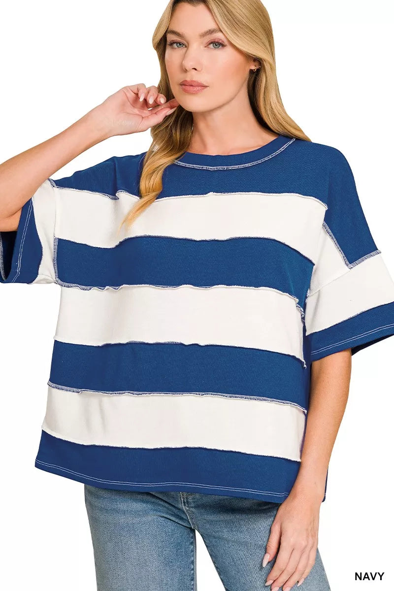 zenana-french-terry-striped-exposed-seam-top-2 image 1