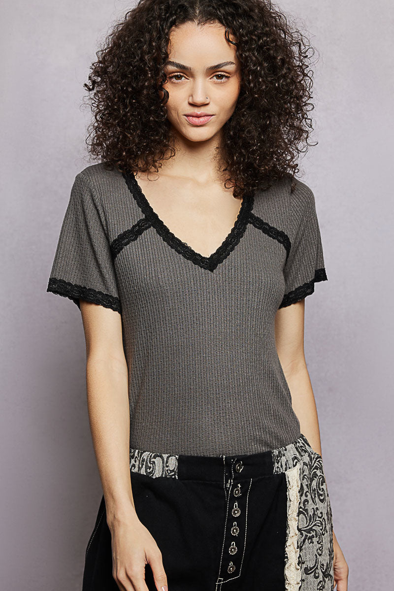 pol-lace-detail-v-neck-short-sleeve-textured-t-shirt-2 image 2