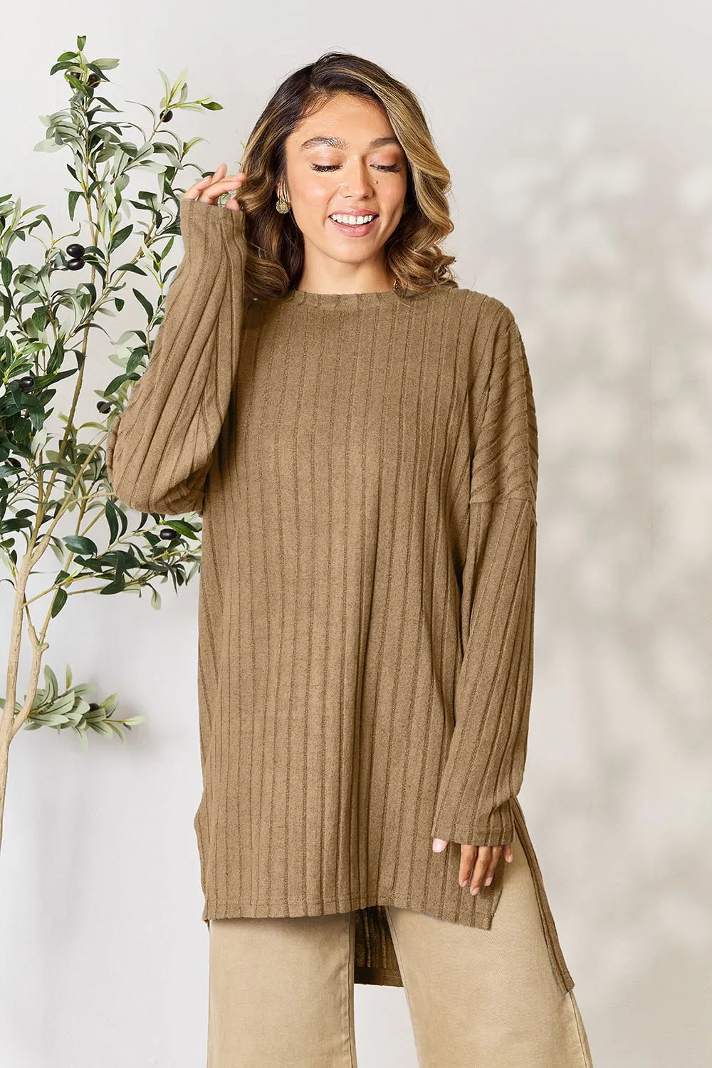 basic-bae-full-size-ribbed-round-neck-long-sleeve-slit-top image 1