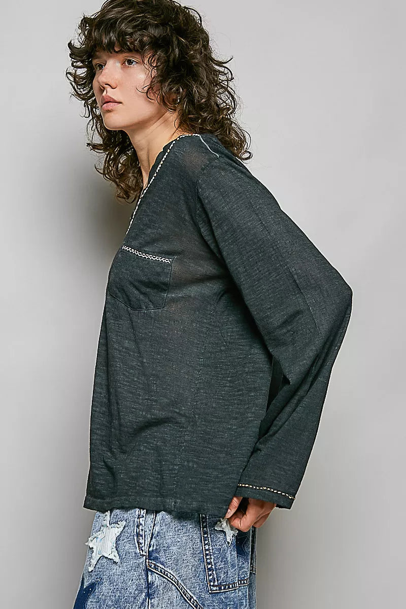 pol-contrast-stitch-v-neck-lightweight-knit-long-sleeve-top image 2