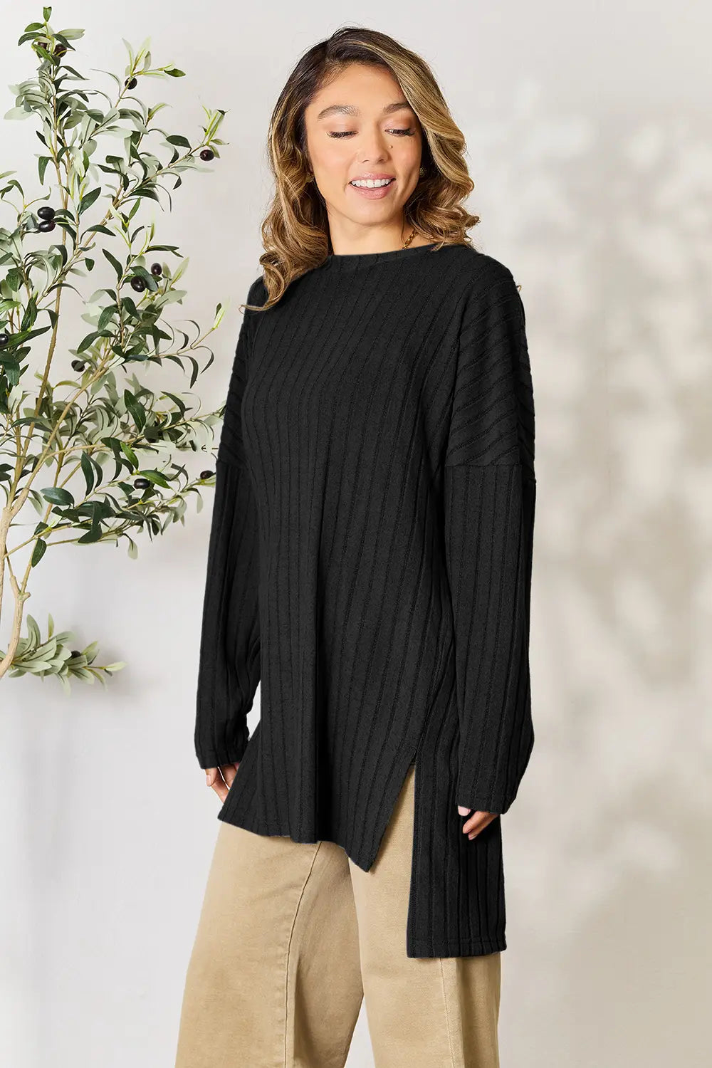basic-bae-full-size-ribbed-round-neck-long-sleeve-slit-top image 27