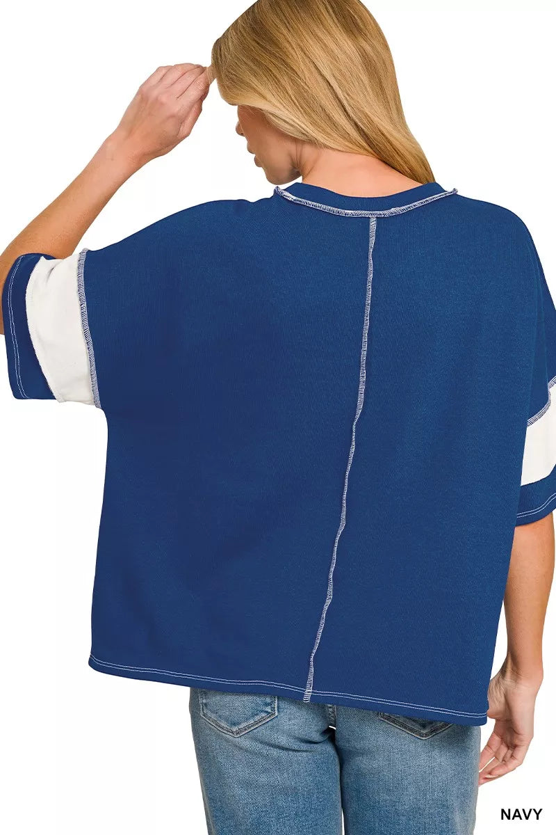zenana-french-terry-striped-exposed-seam-top-2 image 2