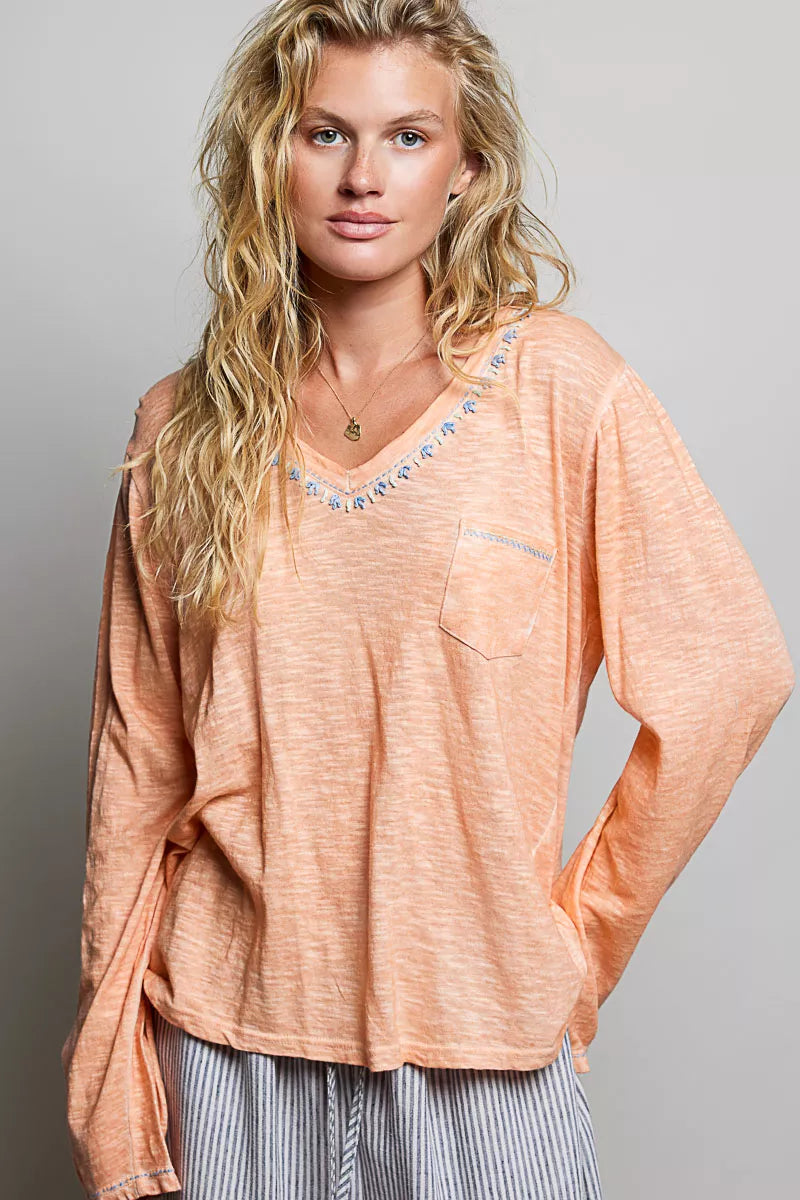 pol-contrast-stitch-v-neck-lightweight-knit-long-sleeve-top-1 image 1