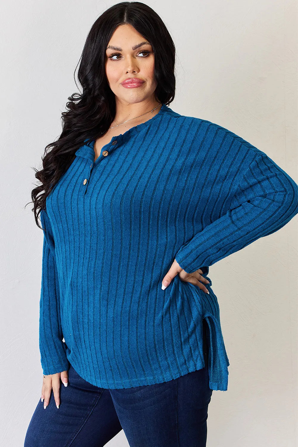 basic-bae-full-size-ribbed-half-button-long-sleeve-high-low-t-shirt image 5