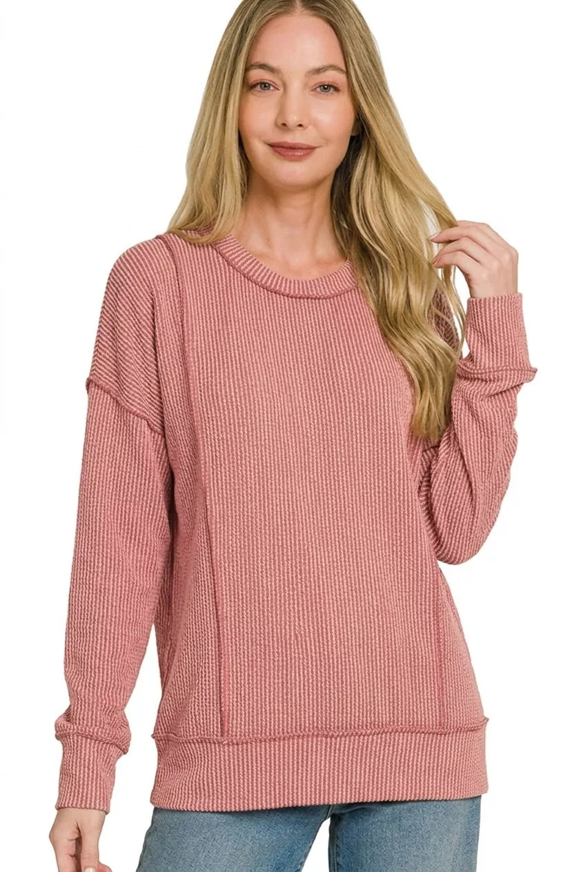 zenana-corded-rib-long-sleeve-round-neck-top-4 image 1